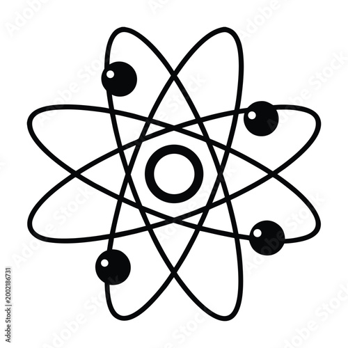Black and White Vector Illustration of an Atom with Electrons Orbiting the Nucleus, Minimalist Science and Education Symbol Concept