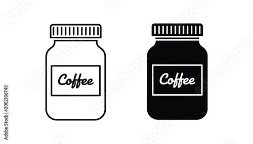 Glass jar of coffee beans or ground coffee icon set in outline and solid black style for cafe branding and beverage product design