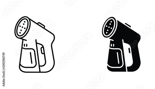 Handheld garment steamer device icon set in linear outline and solid black fill styles for home appliances and laundry care concepts