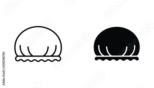 Shower cap hair protection accessory icon set in linear and solid black artistic styles for beauty and personal care branding