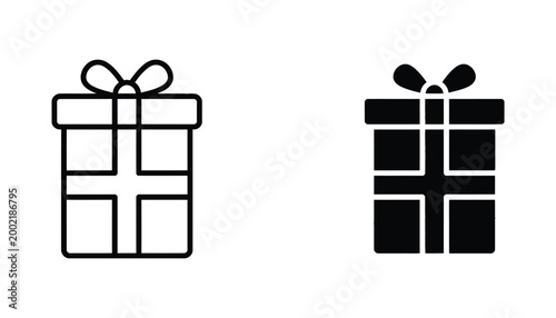 Gift box present icon set in minimalist outline and solid black fill style for shopping holiday and celebration marketing design