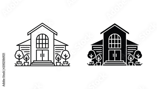 Modern suburban house with arched window icon set featuring architectural detail in outline and solid black silhouette for real estate branding and property development or construction design assets