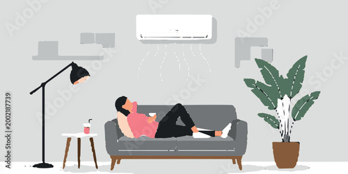 Relaxing at Home with Air Conditioning, Sofa, and Indoor Plant, Perfect for Lifestyle and Comfort Design Projects