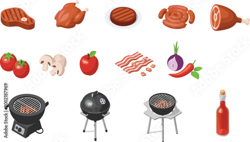 Barbecue Food and Grill Collection Featuring Steak, Chicken, Bacon, Vegetables, Sauces, and BBQ Equipment in Flat Design Style for Cooking and Food Illustration.