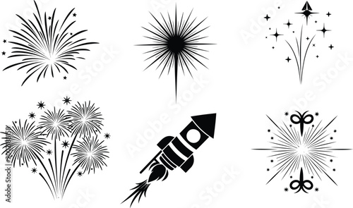 Set of firework vector illustration. beautiful fireworks explosions, sparkle and shine, rocket launch.