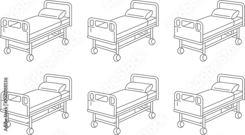 Hospital bed illustration set, medical beds line art collection adjustable hospital furniture black and white grid design