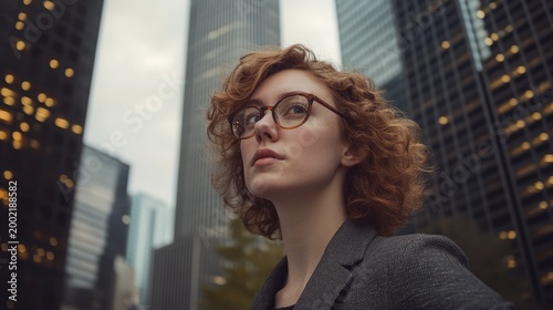 Woman amidst urban skyscrapers expressing ambition and forward thinking in a modern setting