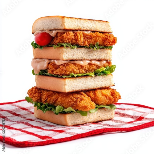 Delicious crispy fried chicken sandwiches stacked with fresh vegetables and sauces on white bread slices with a red checkered cloth underneath