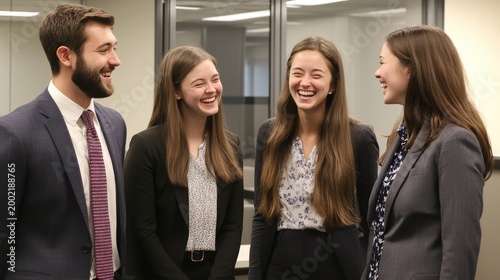 Young professionals sharing a cheerful moment in a modern office setting