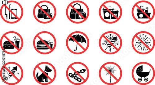 Bild auf Leinwand Black and Red Prohibition Sign Icon Set with No Phone, Bag, Food, Fireworks, Dog