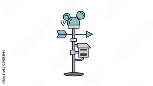 Stylized illustration of a weather station with anemometer wind vane and rain gauge on white