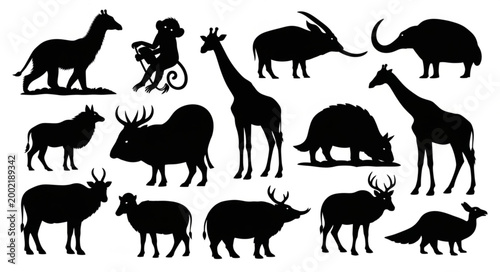 Collection of Diverse Animal Silhouettes on White Background.