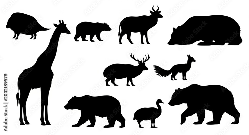 Fototapeta premium Collection of Diverse Animal Silhouettes on White Background.