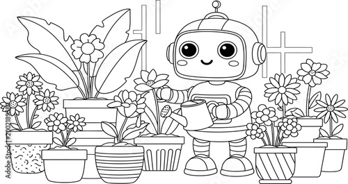Cute robot tending to potted plants