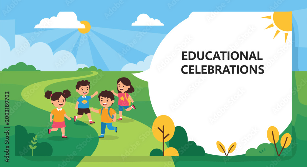 Fototapeta premium Group of cheerful children running along a path in a green meadow towards a large blank speech bubble for educational celebrations.
