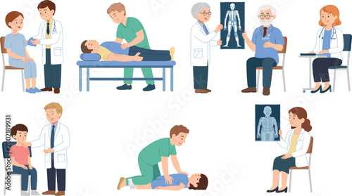 Vector illustration of doctors and healthcare workers performing patient consultations, CPR, examinations, and diagnostic imaging