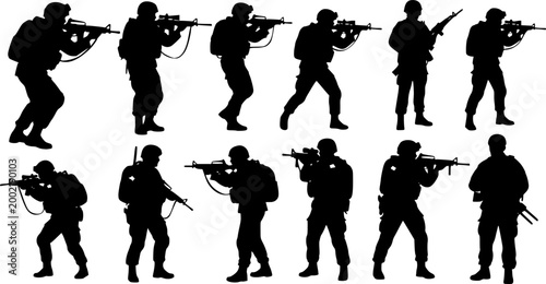 Military soldier silhouette collection and army infantry and special forces vector set with black and white tactical - Vector stock