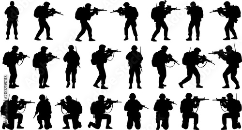 Military soldier silhouette collection and army infantry and special forces vector set with black and white tactical - Vector stock