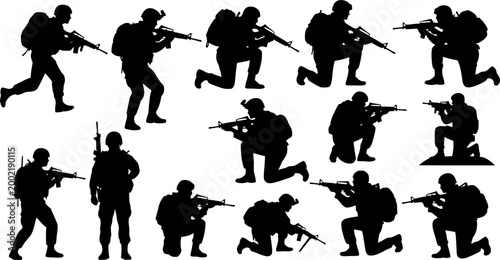 Military soldier silhouette collection and army infantry and special forces vector set with black and white tactical - Vector stock