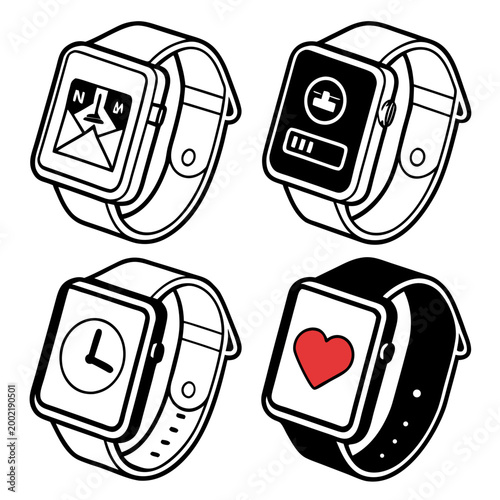 Set of isometric smart watch icons representing health and digital interface monitoring with smartwatch wearable technology