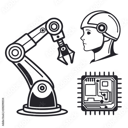 Artificial intelligence and robotics technology icons featuring industrial robotic arm human cybernetic head and microchip cpu