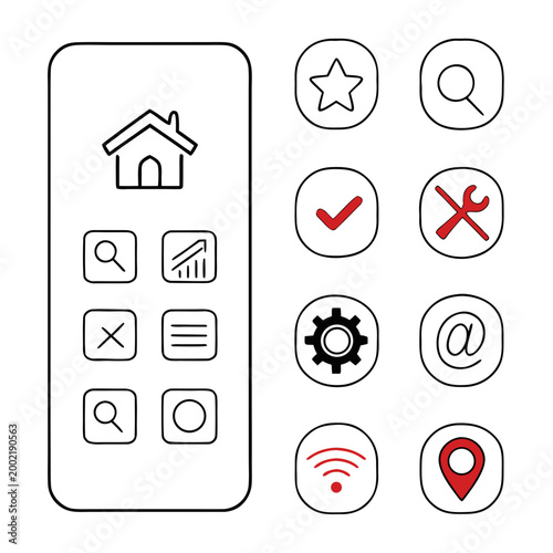 Mobile application user interface design concept with smartphone screen and navigation icon elements in red and black, smartphone