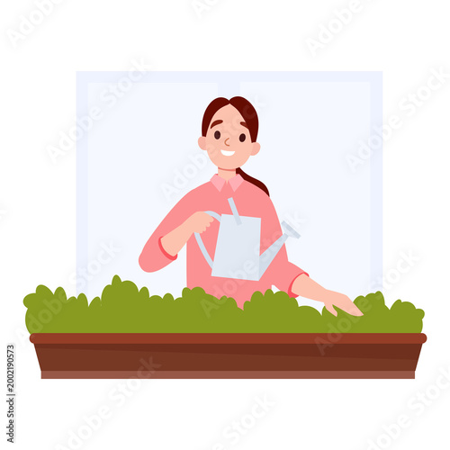 Woman Watering Plants on balcony