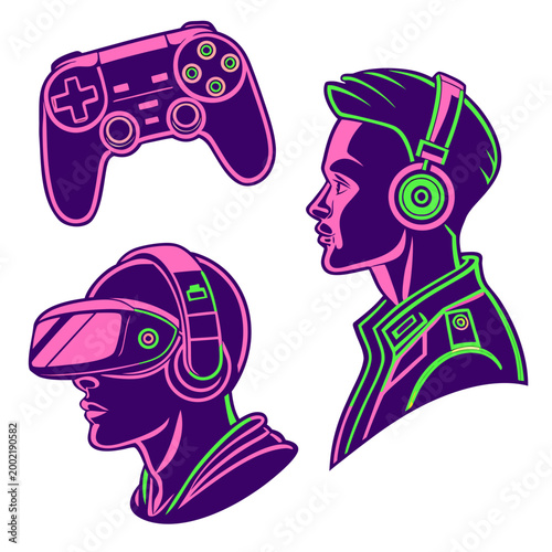 Neon gaming concept featuring gamers with virtual reality headset and gamepad controller graphic elements controller headphone