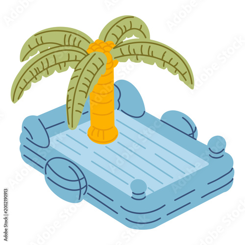 Blue inflatable children's pool with decorative palm tree. Bright summer illustration for water entertainment, vacation, children's events and design of banners, cards, advertising and promos.