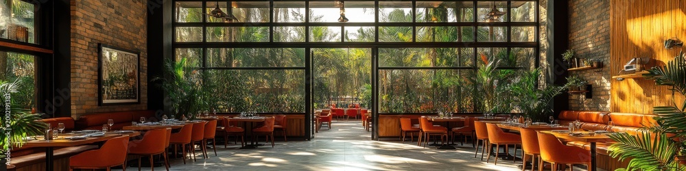 Fototapeta premium Modern restaurant interior with large windows overlooking a lush garden. Bright, airy space with orange seating.