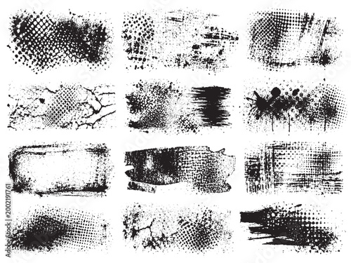 Set of grunge distressed textures with halftone patterns spray paint splashes and ink effects ideal for posters branding web design overlays and creative backgrounds high resolution quality