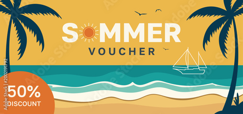 Summer voucher design with sea beach landscape, sailing boat and fifty percent discount.