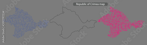 A map of the republic of crimea in blue and pink pixel art on a grey background with a dotted outline