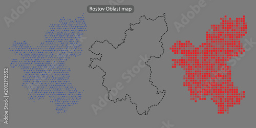 Rostov oblast map with blue and red pixelated areas on grey background with black outline