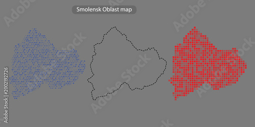 Smolensk oblast map with blue and red pixelated areas on gray background with dotted outline