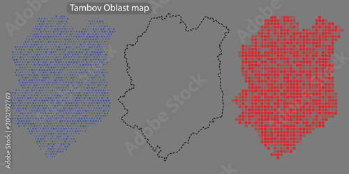 Infographic map of tambov oblast with blue and red pixel patterns on gray background