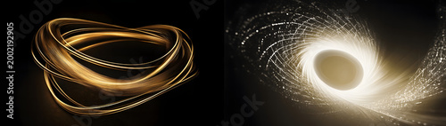 two images side by side, the left one featuring an elegant golden ring with swirling lines