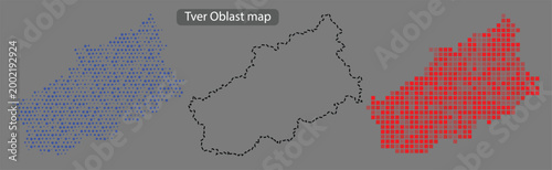 Tver oblast map with blue and red pixelated areas on gray background with black outline