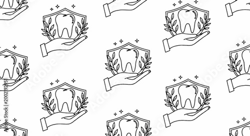 Dental care icons, tooth and hand illustrations, seamless pattern, black and white vector graphics, oral health symbols, medical design elements