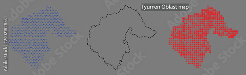 Tyumen oblast map in blue and red pixels on gray background with black outline