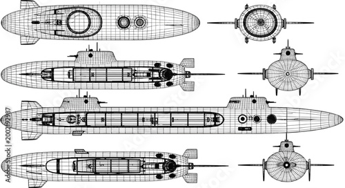Submarine Technical Wireframe Blueprint Set with Top Side and Front Views Naval Underwater Vehicle Vector Illustration Collection