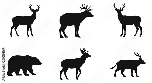 Collection of Animal Silhouettes Deer and Bear Vector Art.