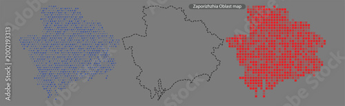 Zaporizhzhia oblast map with blue and red pixel art on gray background