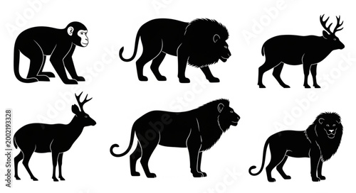 Collection of Six Silhouette Animals Including Lions Monkeys and Deer.