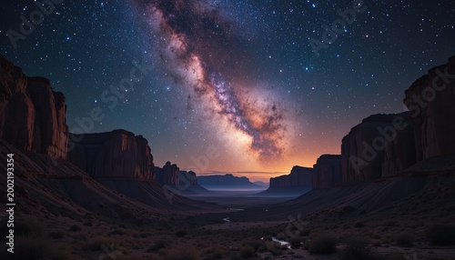 dramatic milky way galaxy over desert canyon at twilight with starry night sky