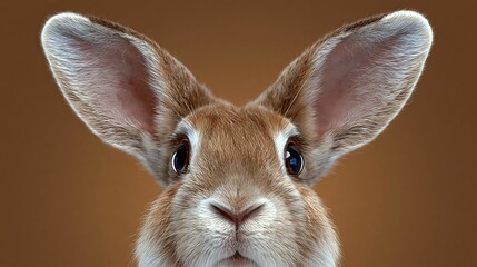 Close-up portrait of a brown rabbit with large ears and expressive eyes against a soft brown background, showcasing its fur texture and facial features