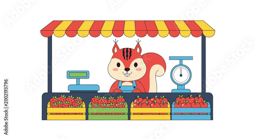 Cute squirrel character wearing overalls standing behind market stall filled with fresh strawberries and apples.