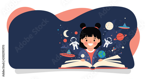 Young girl reading a book with magical space elements like astronauts and planets floating out from the open pages.