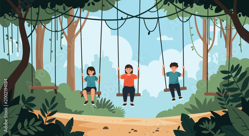 Three children having a lot of fun on rope swings in a lush green tropical jungle environment with thick vegetation.