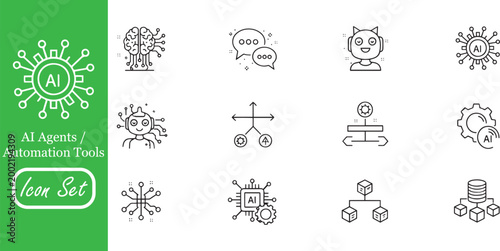 AI Agents and Automation Icons - Artificial Intelligence Brain, Neural Network, Chatbot, Machine Learning, and Automated Workflow Data Processing Line Art Vector Icon Set